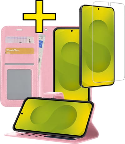 Hoesje - Met Screenprotector - Geschikt voor Samsung Galaxy S25 - Luxe Pasjeshouder - Bookcase Portemonee - Flip Case - Kunstleer Book Case - Flipcase - Book Cover - Walletcase - Portemonneehoes - Telefoonhoesjes - Lichtroze