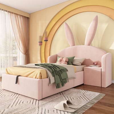 HAUSS SPOLE Kinderbed 90x190 cm - Gestoffeerd Bed Met Opbergruimte En Nachtkastje - Zonder Matras - Fluweel - Roze