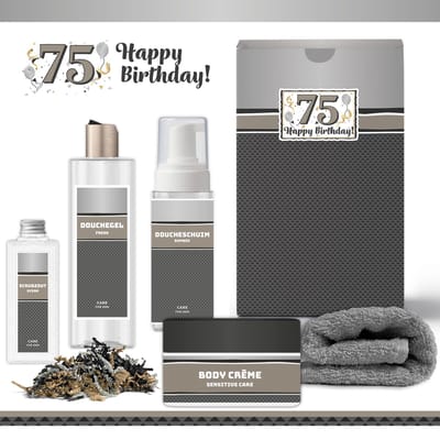 Geschenkset “75 Jaar Happy Birthday!” - 5 producten - 920 gram | Giftset voor hem - Luxe wellness cadeaubox - Cadeau man - Gefeliciteerd - Set Verjaardag - Geschenk jarige - Cadeaupakket vader - Vriend - Broer - Verjaardagscadeau - Zilver