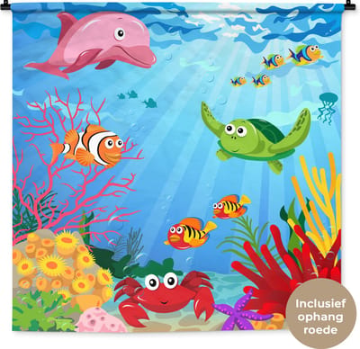 Wandkleed - Wanddoek - Kinderen - Dieren - Zee - 150x150 cm - Wandtapijt