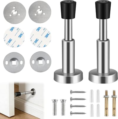 Roestvrijstalen deurstopper met rubberen buffer, zelfklevend en wandbescherming, 10 cm, 2 stuks voor harde vloeren en muren