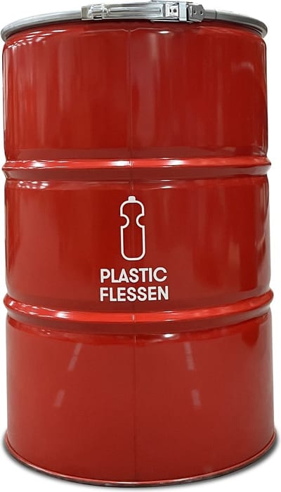 BinBin - Prullenbak Afvalscheiding - Rood Metaal - Ø57x87 cm - 200L - PET Flessen Inzameling - Horeca & Buitengebruik