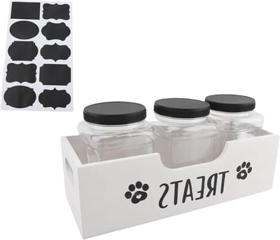 Wakects Dog Treat Organizer Container, Plastic and Wood with 3 Pots for Pet Snacks, Travel-friendly Storage Solution Dogs and Cats (WHITE)