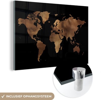® Glasschilderij 120x80 cm - Schilderij acrylglas - Wereldkaart - Zwart - Brons - Foto op glas - Muurdecoratie woonkamer - Wanddecoratie slaapkamer - Schilderijen
