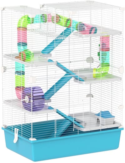 Merax Hamsterkooi 6 Verdiepingen met Buizen en Accessoires – Grote Knaagdierkooi 58x36x81 cm – Inclusief Looprad en Drinkfles – Lichtblauw