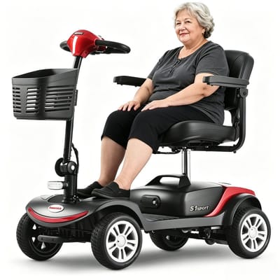 Elektrische Scootmobiel voor Senioren met vier Wielen, 300W Motor, 136 kg Draagvermogen, Topsnelheid van 6 km/u, Verwijderbare Accu, 360° Draaibare Zitting, Geen Rijbewijs Vereist-Rood