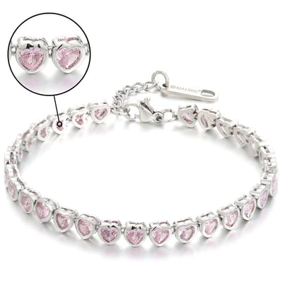 Malinsi® Armband Dames Lovely Platinumkleurig - Roze Hart Stenen 17-20,5cm Verstelbaar - Zilverkleurig Armbanden Vrouwen