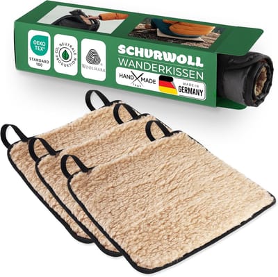 Novaliv 3-delige set trekkingzitkussens, 38 x 38 cm, lichtbruin, wandelzitkussen, wol, polyamide achterkant, waterafstotend, PU-gecoat, warm thermisch zitkussen, compact - voor wandelen, hutten, parkbanken