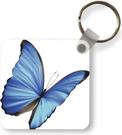 Sleutelhanger - Een illustratie van een blauwe vlinder op een witte achtergrond - Uitdeelcadeautjes - Plastic