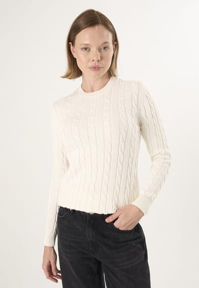 Felix Hardy Kabelgebreide Trui Met V-Hals - 100% Katoen Dames Ecru - L