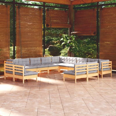 vidaXL - 13-delige - Loungeset - met - grijze - kussens - massief - grenenhout
