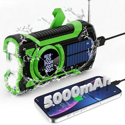 Noodradio Solar Opwindbaar en Batterij - FM/AM radio's - Noodpakket - Draagbare Survival Radio - 5000 mAh - Powerbank Zonneenergie - Bouwradio - Zaklamp - Groen