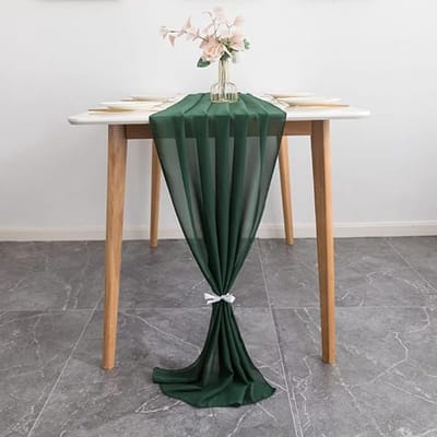 Famanu - Tafelloper chiffon, tafelkleed/loper, bruiloft, communie, modern, wit, romantische bruiloftsloper, keukenloper, voor bruiloft, doop, 70 x 300 cm (donkergroen)