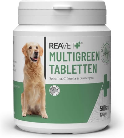 ReaVET - MultiGreen tabletten voor Honden - 100 % pure spirulina, chlorella, gerstegras - Goede verdraaglijkheid en acceptatie - 500 stuks