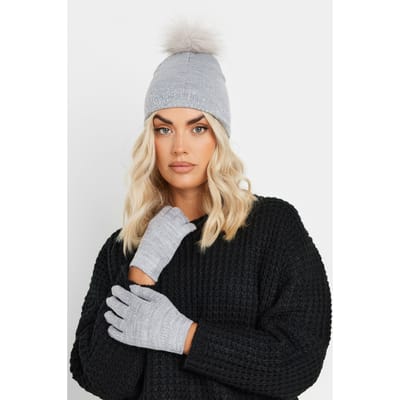 Yours Grijze Met Diamanten Versierde Bobbelmuts En Handschoenensetsize One Size
