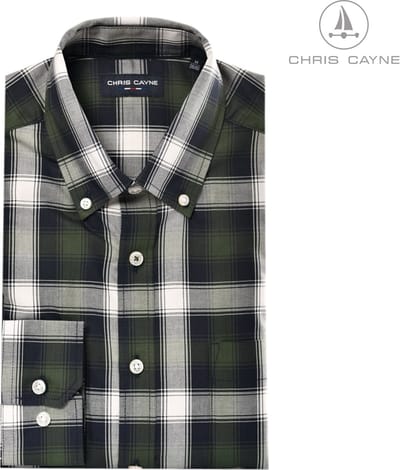 Chris Cayne heren overhemd lange mouw - borstzak - M - donkerblauw/groen/offwhite - geruit patroon - Katoen - borstzak