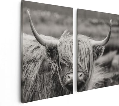 Artaza Canvas Schilderij Tweeluik Schotse Hooglander Koe - Zwart Wit - 80x60 - Foto Op Canvas - Canvas Print