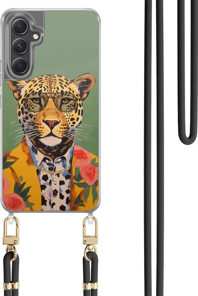 Casimoda® hoesje met koord - Geschikt voor Samsung A34 - Luipaard Hipster - Afneembaar koord - TPU/polycarbonaat - Groen