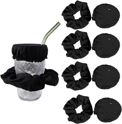OIMG 4 stuks Drinkcover - Drinkbeschermer met scrunchie - Scrunchie - Festival Drink Cover - drankbeschermer - voor bescherming tegen drugs en insecten - Universele flexibele bekerdeksels - Geschikt voor gebruik in bars en buiten - Zwart