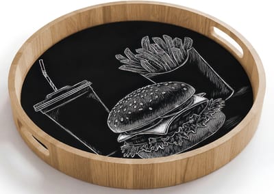 Dienblad rond 40x40 cm - Schootdienblad hout - Hamburger - Friet - Frisdrank - Krijttekening - Borrelplank rechthoek - Plateau houten dienbladen