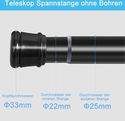 Douchestang, 1 stuk, zonder boren, douchegordijnstang, telescoopstang voor kasten, badkamer, kledingkast 110-200 cm (1 stuk), zwart (diameter 25 mm)