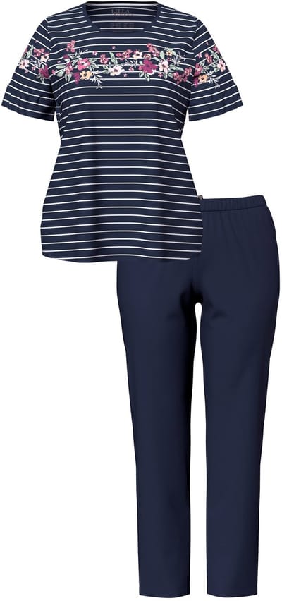 Ulla Popken - Dames - Pyjama bloemenstrepen ronde hals korte mouwen met volant - Nachtblauw - Maat 42+