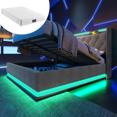 MEUNIQ gestoffeerd opbergbed 140x200 cm met LED-verlichting, USB en USB-C, hydraulische opbergruimte, lattenbodem en getuft hoofdbord voor slaapkamer, grijs