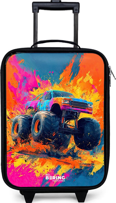 NoBoringSuitcases.com® - Kinderkoffer jongen - Kindertrolley meisje - Monstertruck - Verfspatten - Kleurrijk - Explosie - Koffer kind lichtgewicht - Reiskoffer trolley voor kinderen - Koffertje met lichtgevende wieltjes - Rolkoffer zwart