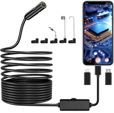 Ynkkvre - Endoscoopcamera - 1920P HD inspectiecamera - IP67 waterdicht met 8 LED-lampjes - kunststof en metalen kabel - semi-stijve 5 m kabel - geschikt voor leidingen en moeilijk bereikbare plaatsen