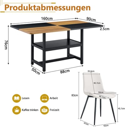 OKWISH Eettafelset 160 Cm - Met Opbergvak En 4 Eetkamerstoelen - Voor Keuken En Eethoek - MDF Metaal PU - Bruin Zwart Wit