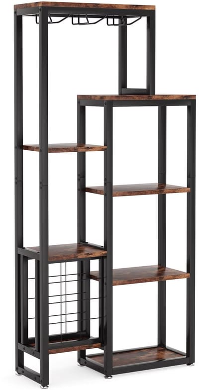 Wijnrek - Voor wijnopslag en woonkamer - Vrijstaand 5-laags wijnrek met glazenhouder - Industrieel, hout- 30 cm (D) × 80 cm (B) × 175 cm (H)