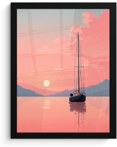 Poster in lijst - Fotolijst 30x40 cm - Posters - Zeilboot - Roze zee - Zonsondergang - Bergen - Posterlijst zwart - Decoratie - Wanddecoratie woonkamer - Muurdecoratie slaapkamer