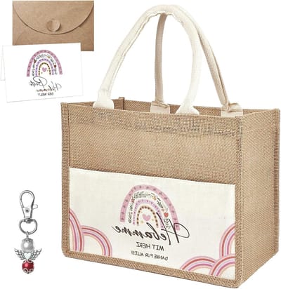 Set van 4 Verjaardagscadeaus voor Collega's, Jute Tas, Duurzame Handtas met Sleutelhanger en Envelop voor Afscheid, Pensioen of Ziekenhuisbezoek