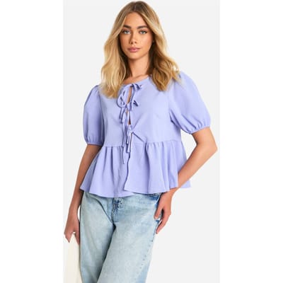 boohoo Dames Getextureerde smock top met gebonden voorkant en pofmouwen | Blauw | Maat: 38
