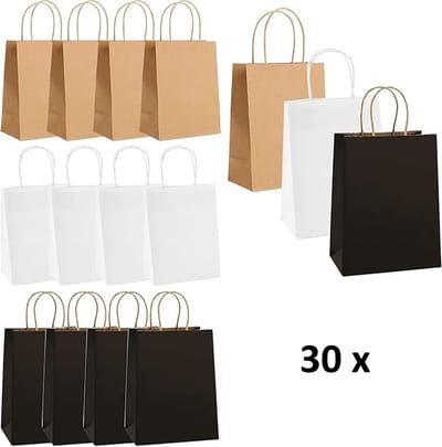 30 x kleine papieren cadeautasjes met handvat 18x8x22cm bruin wit zwart / tassen Kraft Papier Tasjes met gedraaid handgrepen / Zakjes / Verjaardag - Feest - Huwelijk-Kerst/