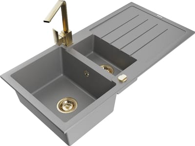 Mexen Andres granieten spoelbak 1,5-kamer met afdruiprek en keukenmengkraan Rita, grijs - 6515-71-670300-50