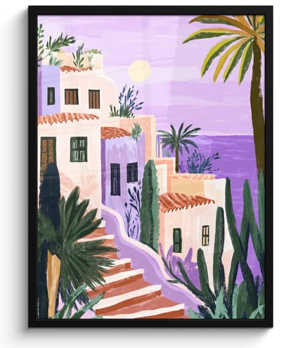 Poster in lijst - Fotolijst 50x70 cm - Posters - Huizen - Minimalistisch - Palmbomen - Kust - Posterlijst zwart - Decoratie - Wanddecoratie woonkamer - Muurdecoratie slaapkamer