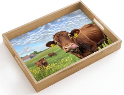 Dienblad hout 40x30 cm - Schootdienblad - Koe - Weide - Bloemen - Borrelplank rechthoek - Plateau dienbladen