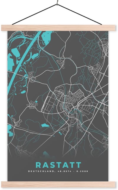 Posterhanger incl. Poster 60x90 cm - Schoolplaat - Blauw – Duitsland – Plattegrond – Stadskaart – Kaart – Rastatt - Textielposter - Blanke latten - Stadskaart