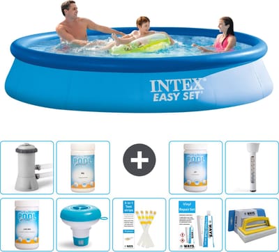 Intex Rond Opblaasbaar Easy Set Zwembad - 366 x 76 cm - Blauw - Inclusief Pomp - Chloor - Chloordrijver - Testrips - Reparatiesetje - Scrubborstel - PH-min - PH-plus - Thermometer - 10-delig