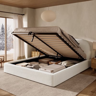 MIVRAY Gestoffeerd Bed 180x200cm - Zonder Matras Met Hydraulische Opbergruimte En Lattenbodem - Afgeronde Hoeken - Bouclé - Beige