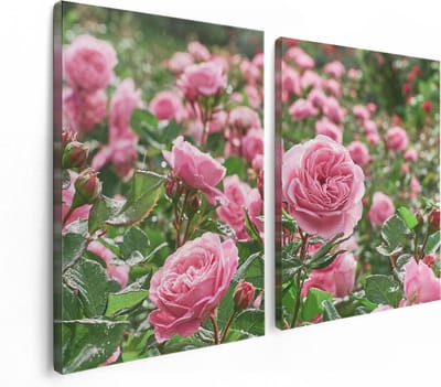 Artaza Canvas Schilderij Tweeluik Roze Rozen Bloemenveld - 120x80 cm - Wanddecoratie Woonkamer - Schilderijen - Muurdecoratie