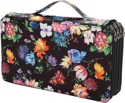 Grote Reis Etui voor Potloden en Pennen - 103 Vakken - Kleurrijk Bloemen Zwart
