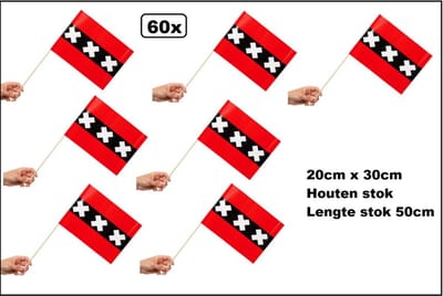 60x Luxe Zwaaivlaggetjes op stok Amsterdam 20cm x 30cm - lengte stok 50cm - Zwaai vlaggetjes thema feest voetbal festival hoofdstad 020