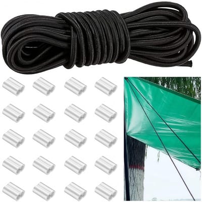 Dailygoods- Rubberen Koord 8 mm x 10 m - Elastisch Touw - Spanband met 20 Aluminium Wurgklemmen - Duurzaam - Weerbestendig - Voor Aanhangerzeil