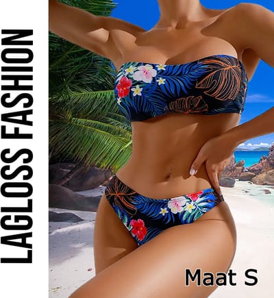 LaGloss® Bikini Set Strapless Blauw met Bloemen – 2-Delige Bandeau Damesbadmode – Maat S