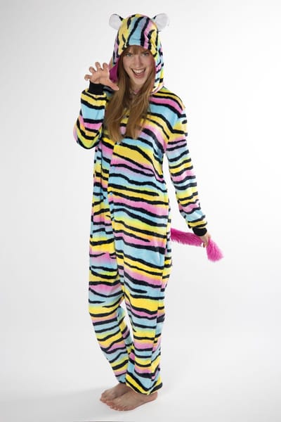 KIMU® Onesie Regenboog Tijger Zebra Pakje - Maat 98-104 - Tijgerpak Kostuum Gestreept Pak - Kinderen Dierenpak Huispak Kat Meisje Fleece Zacht Festival