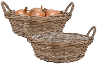 DK Design Plantenmand/aardappelmand tafelmodel - 2x - Ivy - met handvatten - rotan - B25 x H13 cm - binnen/buiten
