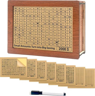 Somstyle 8-in-1 Spaarpot met Doel Volwassenen - Sparen tot €500, €1000, €2000, €3000, €5000 & €10000 - Hout - Geldkist - Bruin