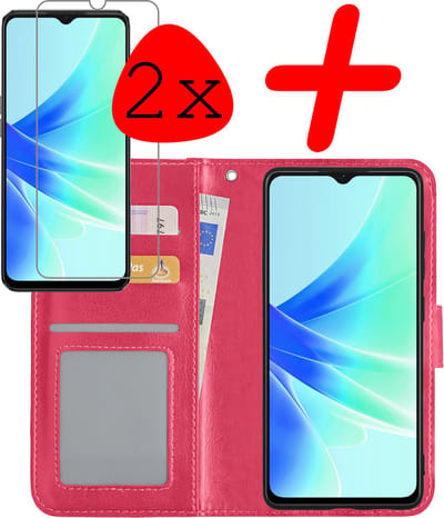 Hoesje Met 2x Screenprotector - Geschikt voor OPPO A57 - Luxe Pasjeshouder - Bookcase Portemonee - Flip Case - Kunstleer Book Case - Flipcase Hoes - Book Cover - Walletcase - Portemonneehoes - Donkerroze